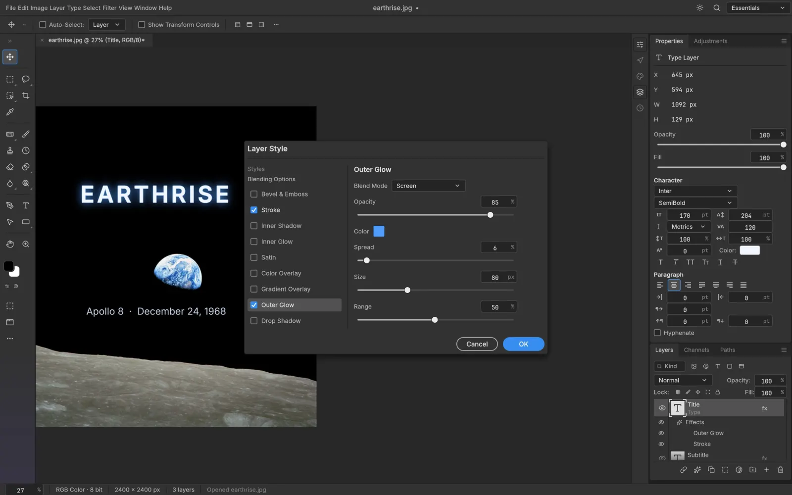 Layer styles on live type